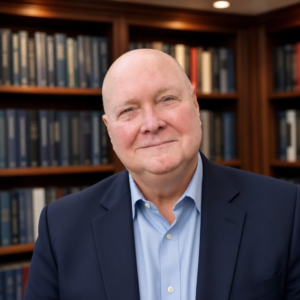 Portrait of Philip Helsel, founder of Not‑Just‑AI Advisors, standing in front of bookshelf