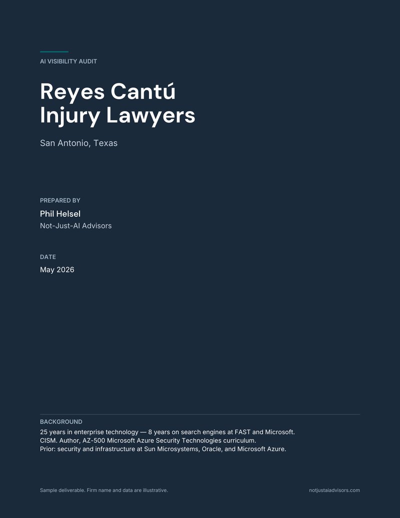 Cover of the Reyes Cantú Injury Lawyers AI search visibility sample audit